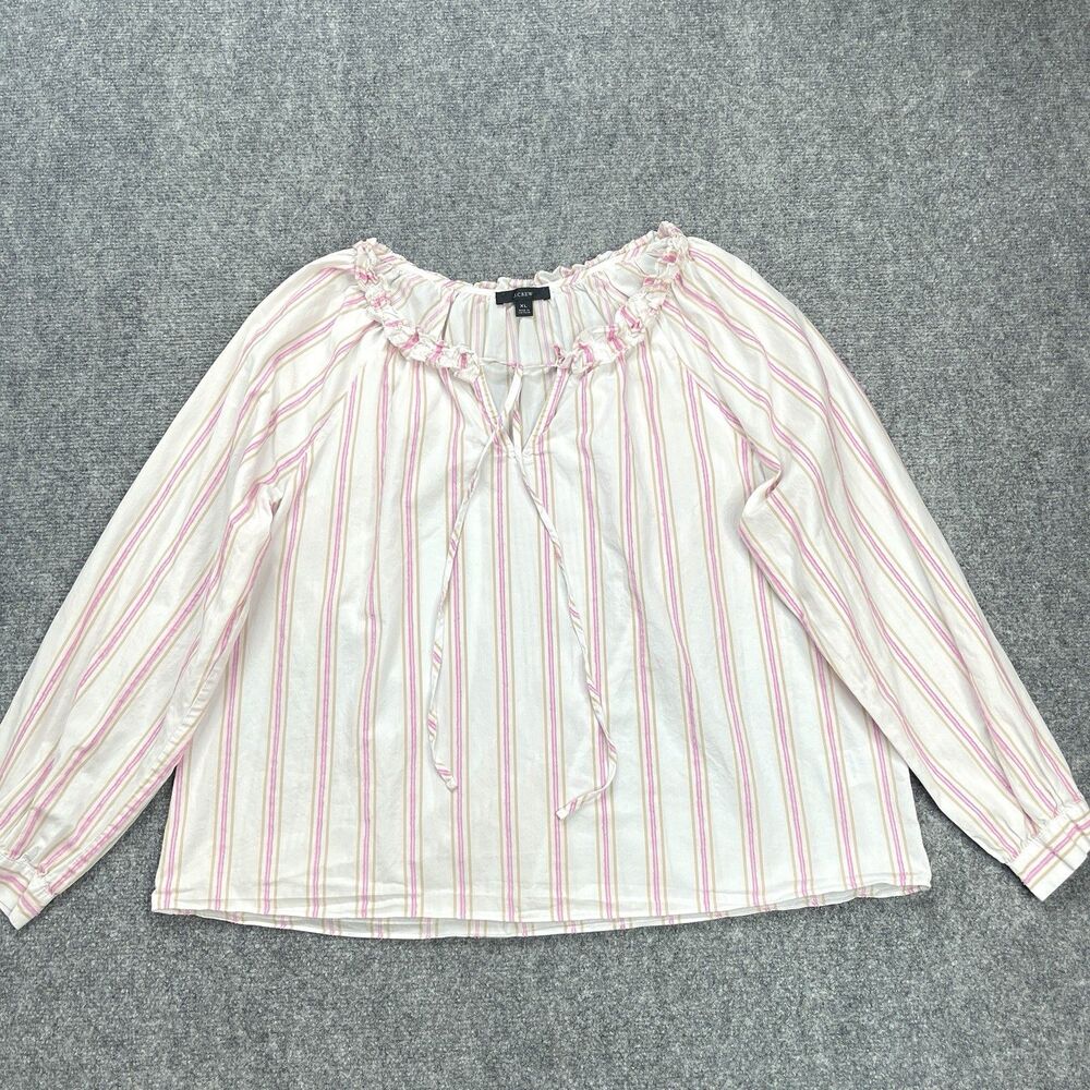 J Crew Tie Front Ruffle Top Womens Size XL White Pink Stripe Cotton Blouse